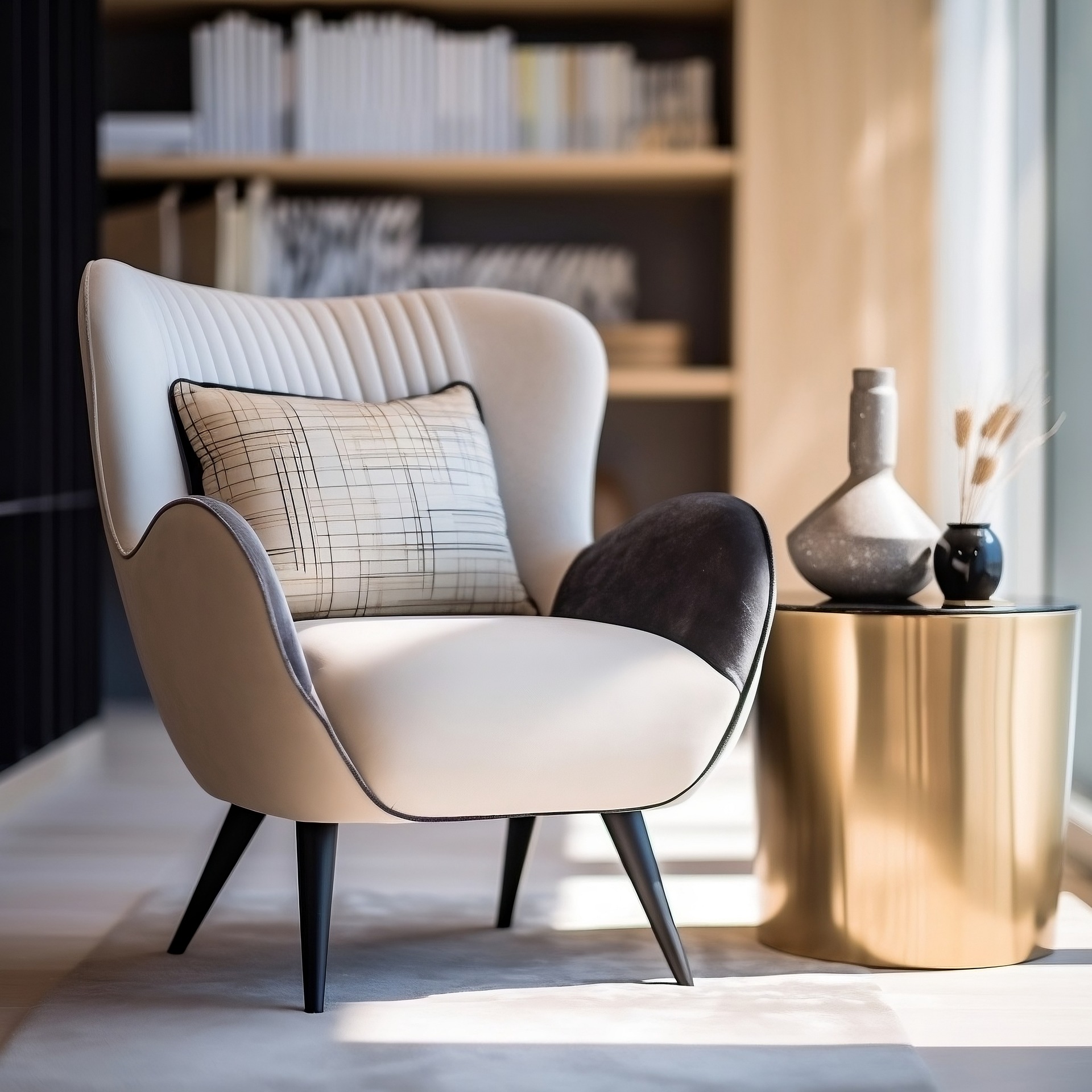 This image beautifully captures a cozy and elegant armchair, perfectly complemented by a minimalist, cylindrical side table in a sophisticated gold copper hue. The armchair is upholstered in a neutral colour, offering a serene and inviting aesthetic, with a plush decorative pillow adding a touch of comfort. In the blurred background, a stylish bookcase adds depth and a sense of refined living. The combination of textures and colours exudes luxury, making it a perfect example of a thoughtfully curated space. Get in touch for luxury home staging to transform your interiors with elegant touches like this.